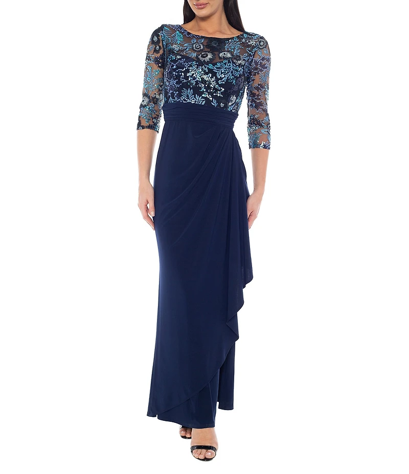 Oleg Cassini Floral Embroidery Sequin Mesh 3/4 Sleeve Gown