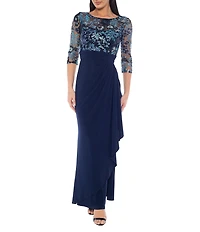 Oleg Cassini Floral Embroidery Sequin Mesh 3/4 Sleeve Gown