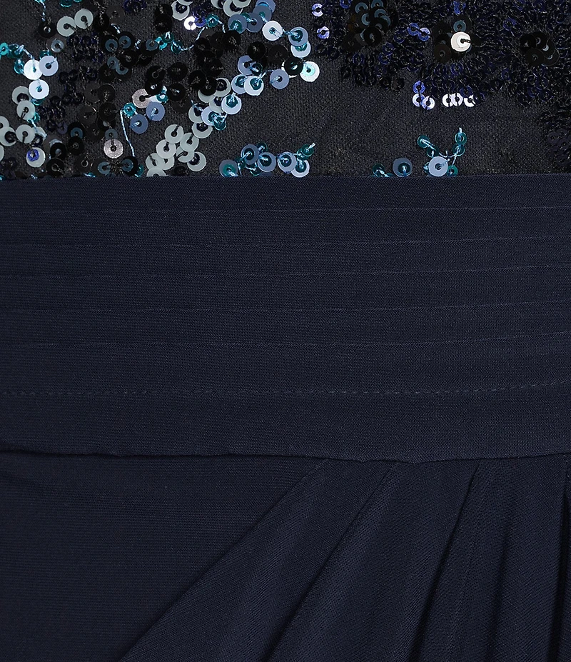 Oleg Cassini Floral Embroidery Sequin Mesh 3/4 Sleeve Gown
