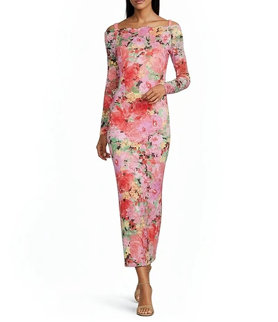 Oleg Cassini Floral Print Heavy Keepsake Lace Off The Shoulder Long Sleeve Gown