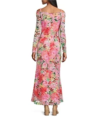 Oleg Cassini Floral Print Heavy Keepsake Lace Off The Shoulder Long Sleeve Gown