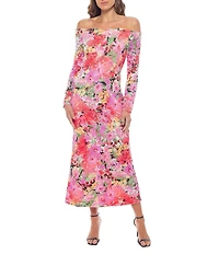 Oleg Cassini Floral Print Heavy Keepsake Lace Off The Shoulder Long Sleeve Gown