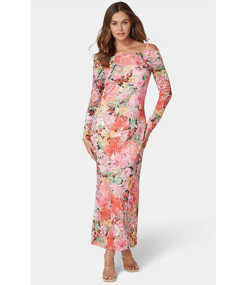 Oleg Cassini Floral Print Heavy Keepsake Lace Off The Shoulder Long Sleeve Gown