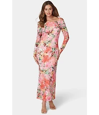 Oleg Cassini Floral Print Heavy Keepsake Lace Off The Shoulder Long Sleeve Gown