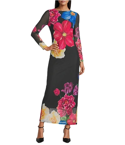 Oleg Cassini Floral Print Power Mesh Long Sleeve Midi Dress