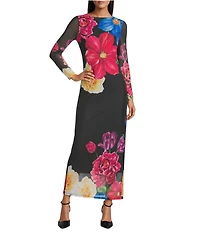 Oleg Cassini Floral Print Power Mesh Long Sleeve Midi Dress