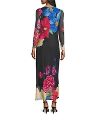 Oleg Cassini Floral Print Power Mesh Long Sleeve Midi Dress