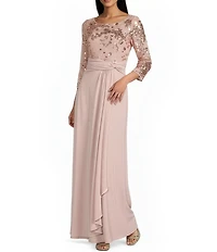 Oleg Cassini Floral Sequin Mesh Crew Neck Illusion 3/4 Sleeve Knot Front Gown