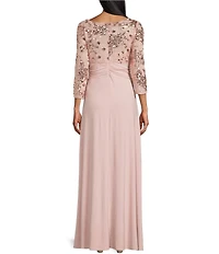 Oleg Cassini Floral Sequin Mesh Crew Neck Illusion 3/4 Sleeve Knot Front Gown