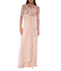 Oleg Cassini Floral Sequin Mesh Crew Neck Illusion 3/4 Sleeve Knot Front Gown