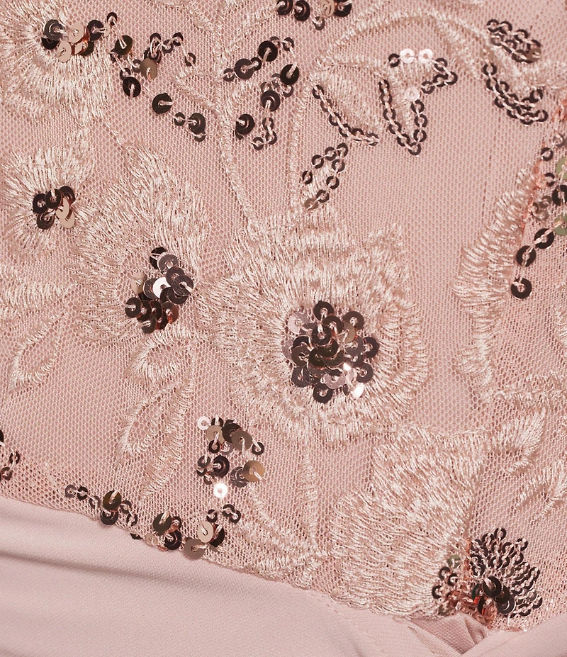 Oleg Cassini Floral Sequin Mesh Crew Neck Illusion 3/4 Sleeve Knot Front Gown