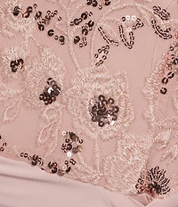 Oleg Cassini Floral Sequin Mesh Crew Neck Illusion 3/4 Sleeve Knot Front Gown