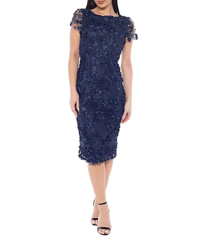 Oleg Cassini Flower Petal Embroidered Mesh Cap Sleeve Sheath Dress