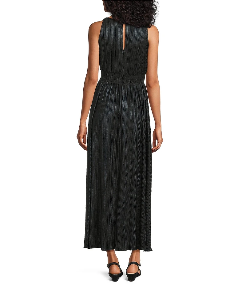 Oleg Cassini Foiled Pleated Rosette Sleeveless Dress