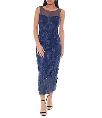 Oleg Cassini Illusion 3D Floral Embroidered Midi Dress