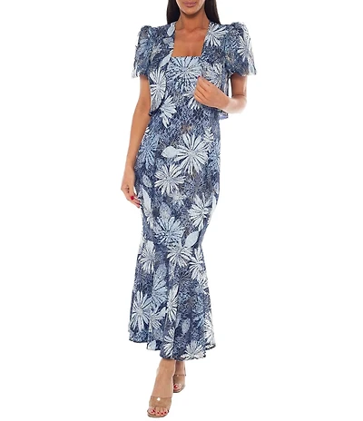 Oleg Cassini Lace Print Foil Trumpet Jacket Dress