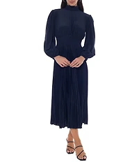 Oleg Cassini Long Sleeve Mock Neck Pleated Midi Dress