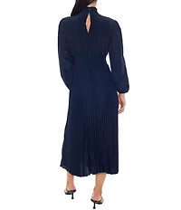 Oleg Cassini Long Sleeve Mock Neck Pleated Midi Dress