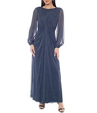 Oleg Cassini Metallic Sheer Knit Crew Neck Long Sleeve Knot Front Gown