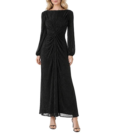 Oleg Cassini Metallic Sheer Knit Crew Neck Long Sleeve Knot Front Gown