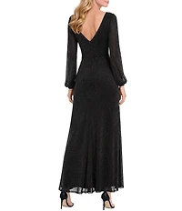 Oleg Cassini Metallic Sheer Knit Crew Neck Long Sleeve Knot Front Gown
