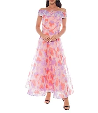 Oleg Cassini Off The Shoulder Organza Floral Print Gown