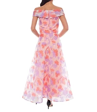 Oleg Cassini Off The Shoulder Organza Floral Print Gown