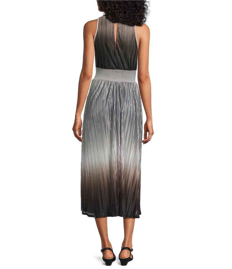 Oleg Cassini Ombre Pleated Bodre Halter Sleeveless Midi Dress