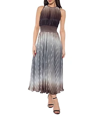 Oleg Cassini Ombre Pleated Bodre Halter Sleeveless Midi Dress
