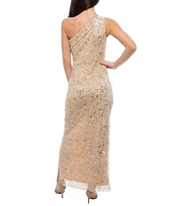Oleg Cassini One Shoulder Beaded Mesh Sleeveless Gown