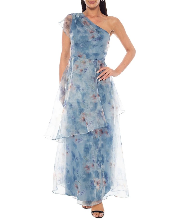 Oleg Cassini One shoulder Floral Print Organza Long Dress