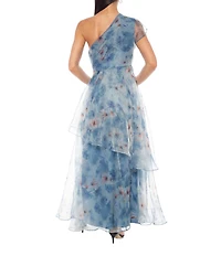 Oleg Cassini One shoulder Floral Print Organza Long Dress