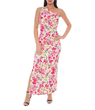 Oleg Cassini One Shoulder Floral Print Scuba Crepe Long Dress