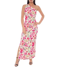 Oleg Cassini One Shoulder Floral Print Scuba Crepe Long Dress