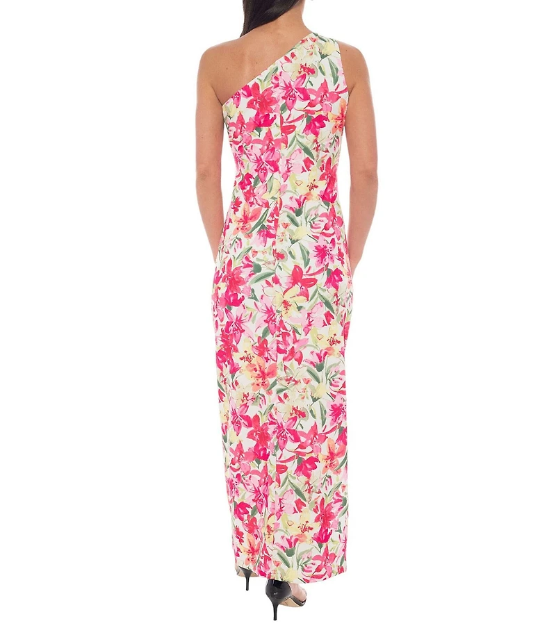 Oleg Cassini One Shoulder Floral Print Scuba Crepe Long Dress