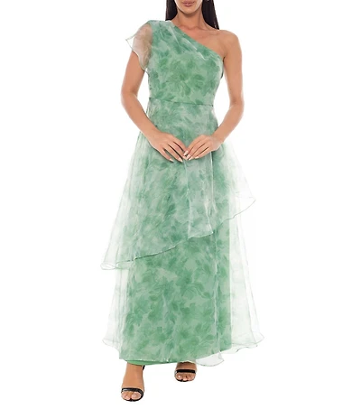 Oleg Cassini One Shoulder Printed Organza Gown