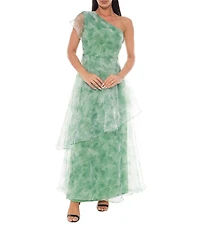Oleg Cassini One Shoulder Printed Organza Gown
