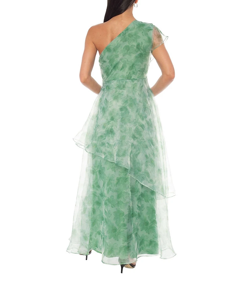 Oleg Cassini One Shoulder Printed Organza Gown