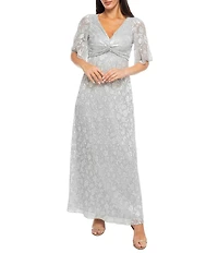 Oleg Cassini Pleated Bodice Silver Foil Elbow Sleeve Gown