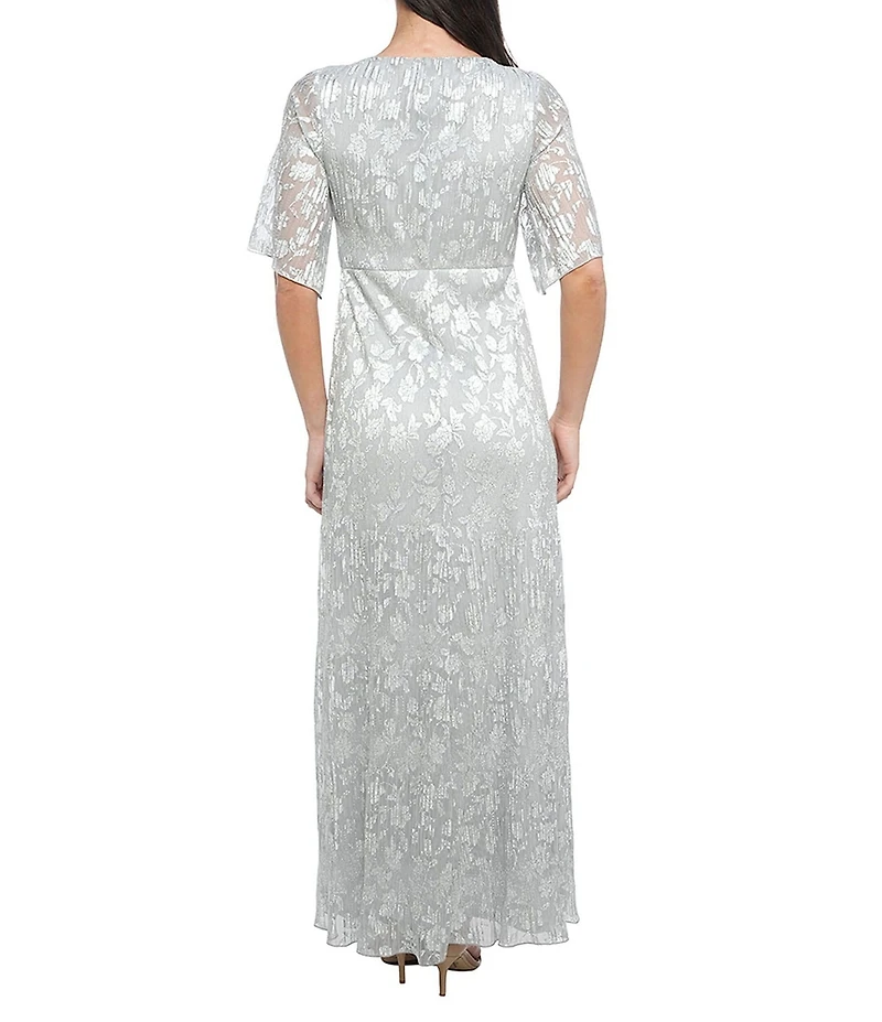 Oleg Cassini Pleated Bodice Silver Foil Elbow Sleeve Gown