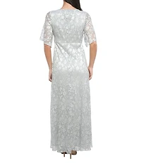 Oleg Cassini Pleated Bodice Silver Foil Elbow Sleeve Gown