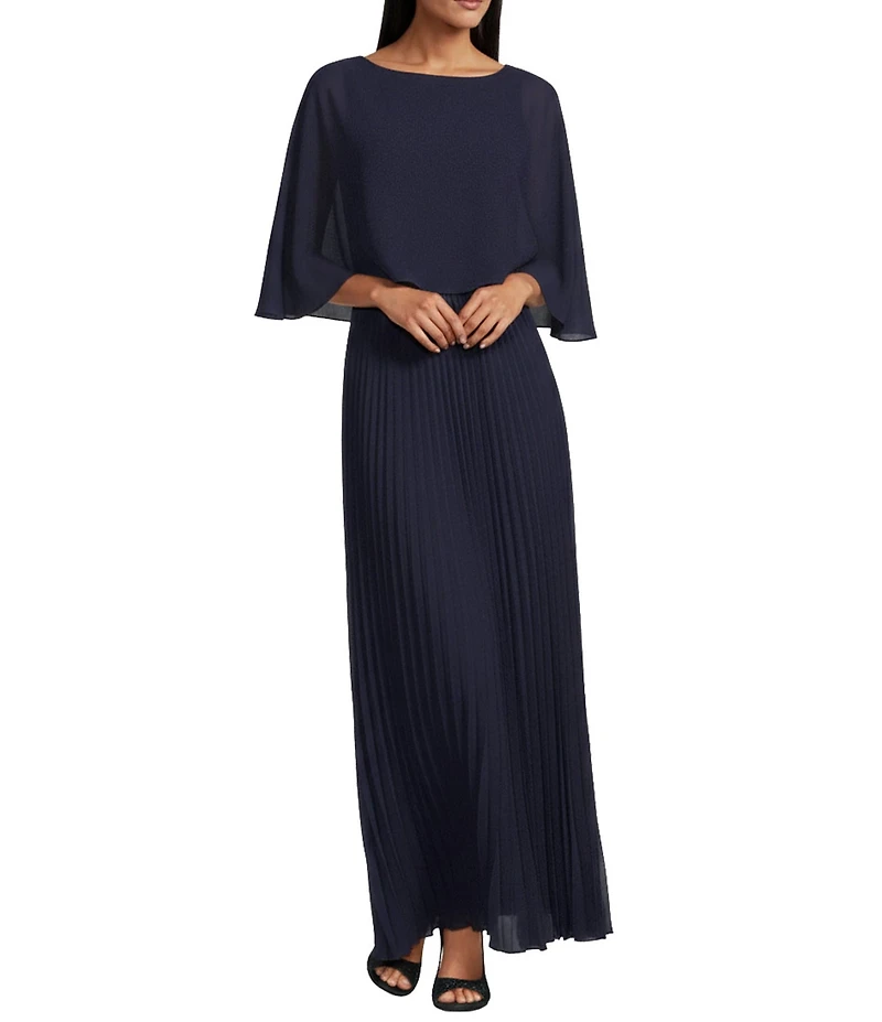 Oleg Cassini Pleated Chiffon Capelet 3/4 Sleeve Overlay Gown