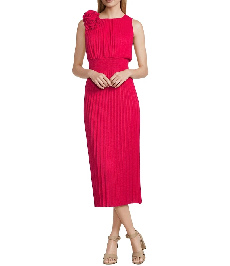 Oleg Cassini Pleated Rosette Sleeveless Midi Dress