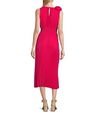 Oleg Cassini Pleated Rosette Sleeveless Midi Dress