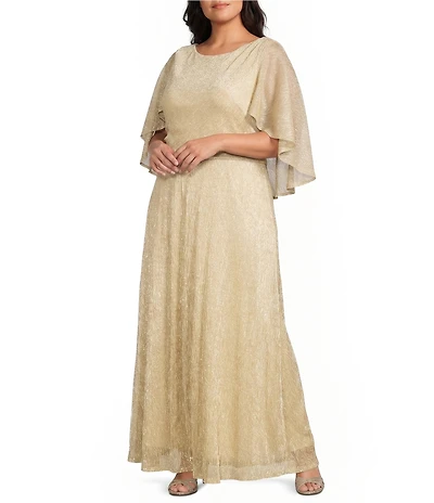 Oleg Cassini Plus Size Caplet Metallic Pleated A Line Long Dress