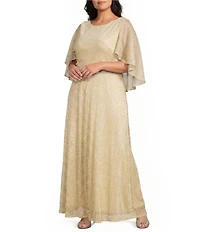 Oleg Cassini Plus Size Caplet Metallic Pleated A Line Long Dress