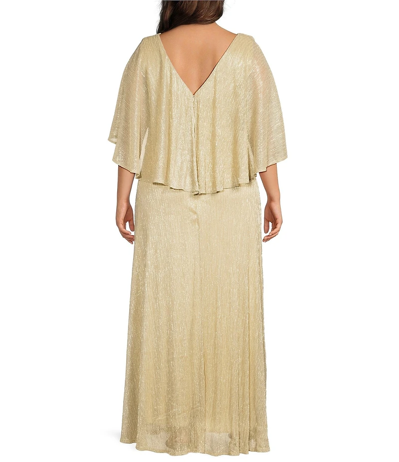Oleg Cassini Plus Size Caplet Metallic Pleated A Line Long Dress
