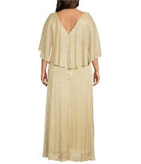 Oleg Cassini Plus Size Caplet Metallic Pleated A Line Long Dress
