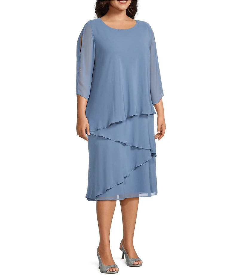 Oleg Cassini Plus Size Cold Shoulder 3/4 Sleeve Tiered Sheath Dress