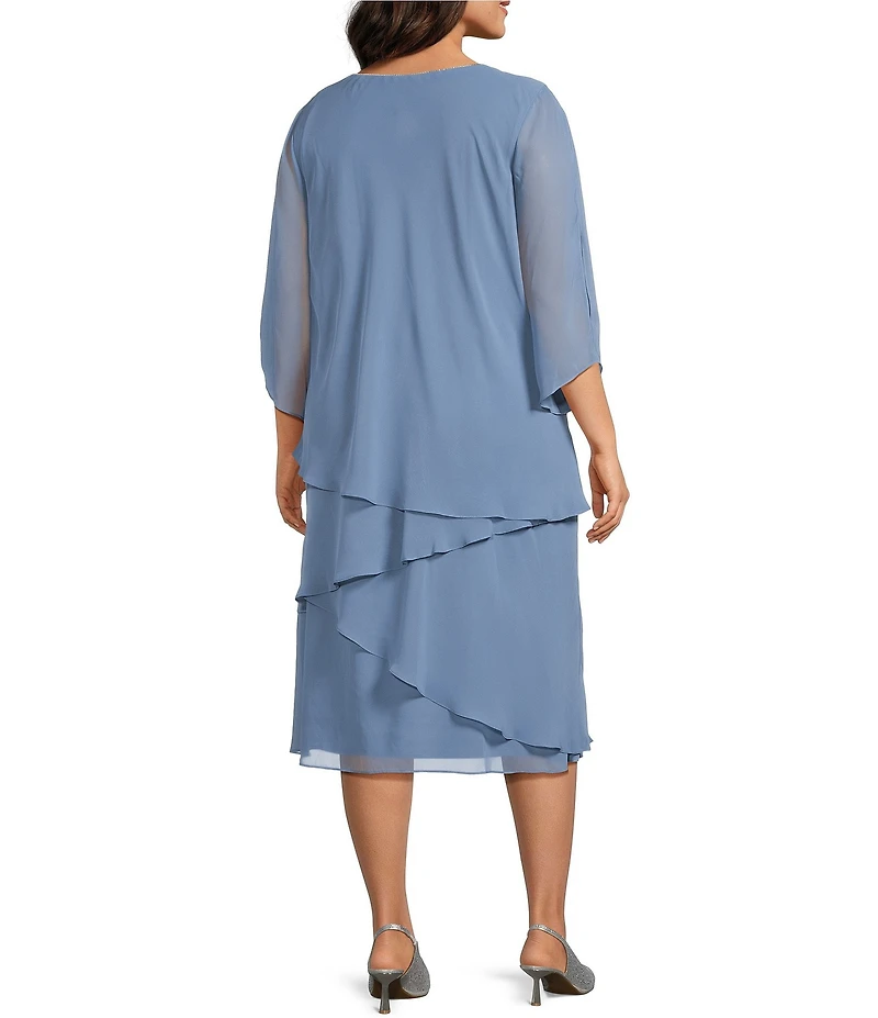 Oleg Cassini Plus Size Cold Shoulder 3/4 Sleeve Tiered Sheath Dress